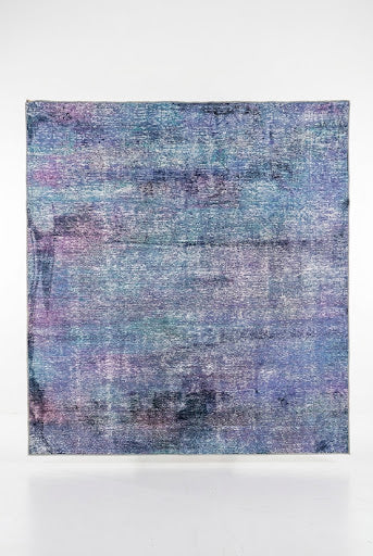 8' x 8' Square Blue & Purple Distressed Abstract Modern Area Rug featuring blended blue, lavender, and purple tones with a softly weathered textured design.