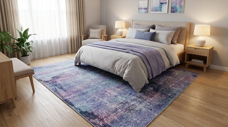 8' x 8' Square Blue & Purple Distressed Abstract Modern Area Rug placed in a cozy bedroom beneath a wooden bed with white bedding and lavender accents.