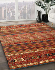 8' x 8' Square Bronze Brown Red Contemporary Oriental Area Rug angled perspective showing the bold linear pattern and rich multicolor accents.