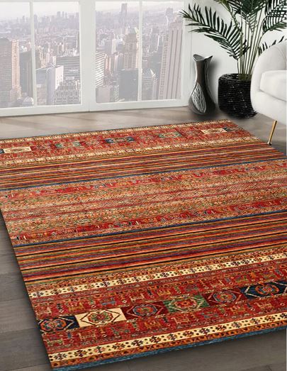 8' x 8' Square Bronze Brown Red Contemporary Oriental Area Rug angled perspective showing the bold linear pattern and rich multicolor accents.