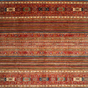 8' x 8' Square Bronze Brown Red Contemporary Oriental Area Rug close-up top view highlighting the detailed horizontal stripes and intricate geometric motifs.