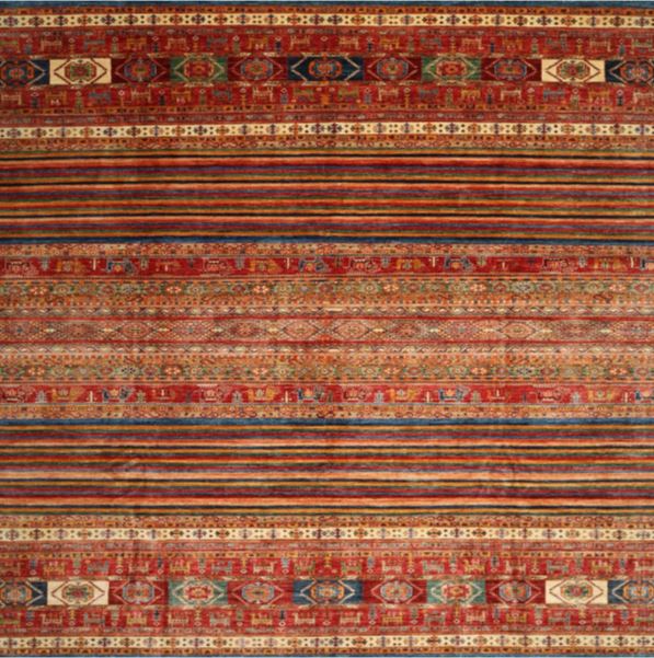 8' x 8' Square Bronze Brown Red Contemporary Oriental Area Rug close-up top view highlighting the detailed horizontal stripes and intricate geometric motifs.