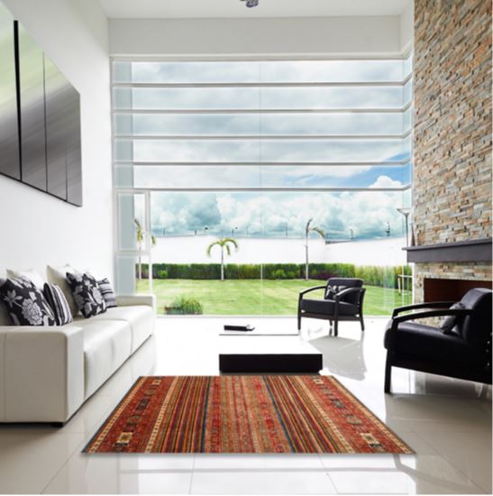 8' x 8' Square Bronze Brown Red Contemporary Oriental Area Rug displayed in a bright modern living room, showcasing the vibrant striped oriental pattern and warm bronze tones.