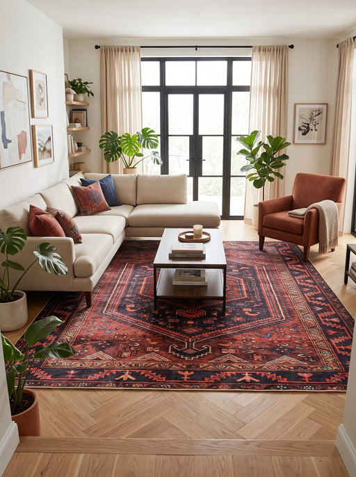8' x 8' Square Burgundy & Navy Geometric Medallion Traditional Area Rug styled in a living room with a cream sectional sofa and wooden coffee table.
