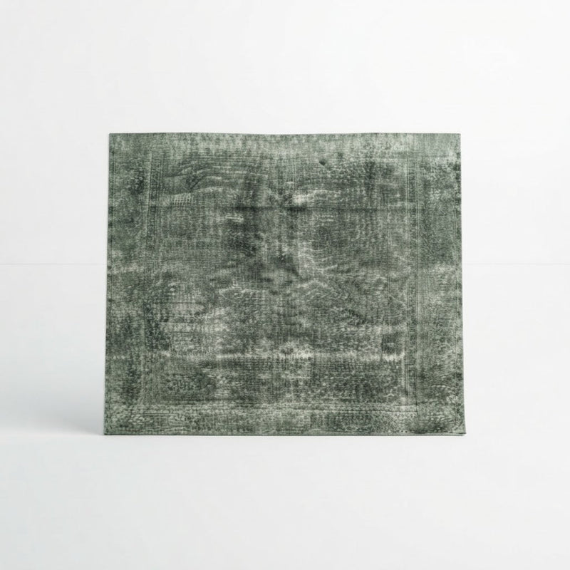 8' x 8' Square Dark Green & Gray Distressed Vintage Washable Area Rug featuring a faded ornate pattern, subtle tonal variations, and a distressed finish.
