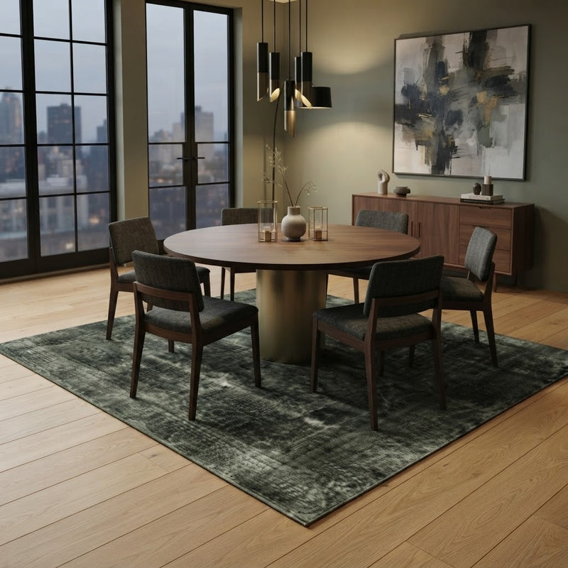 8' x 8' Square Dark Green & Gray Distressed Vintage Washable Area Rug styled in a dining room beneath a round wooden table and charcoal upholstered chairs.