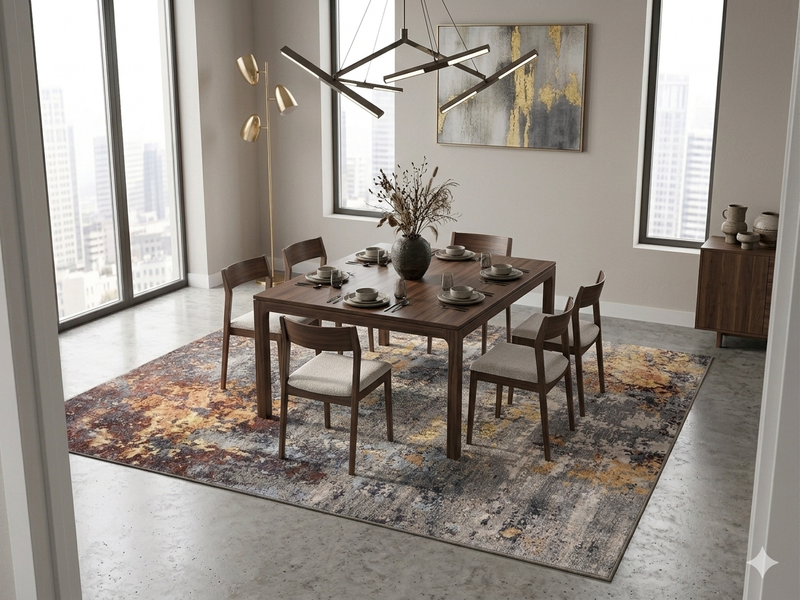 8' x 8' Square Gray Gold Abstract Modern Washable Area Rug featured in a contemporary dining room with a dark wood dining table and six upholstered chairs.