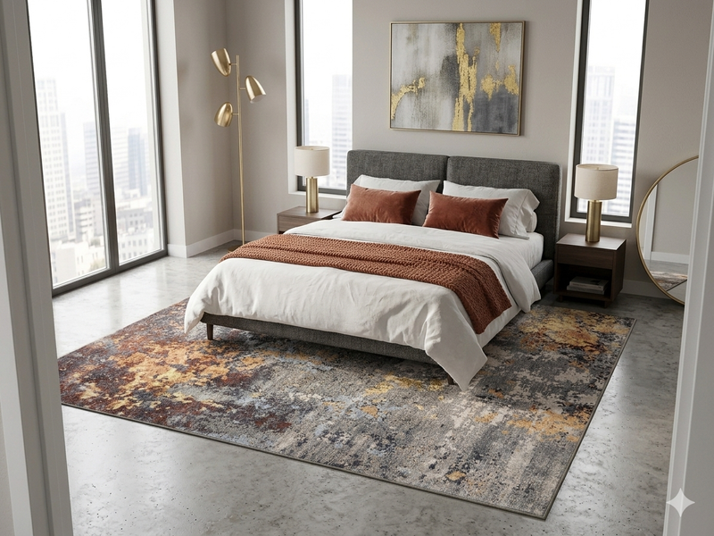 8' x 8' Square Gray Gold Abstract Modern Washable Area Rug placed in a modern bedroom with a gray upholstered bed, white bedding, and rust-colored accent pillows.