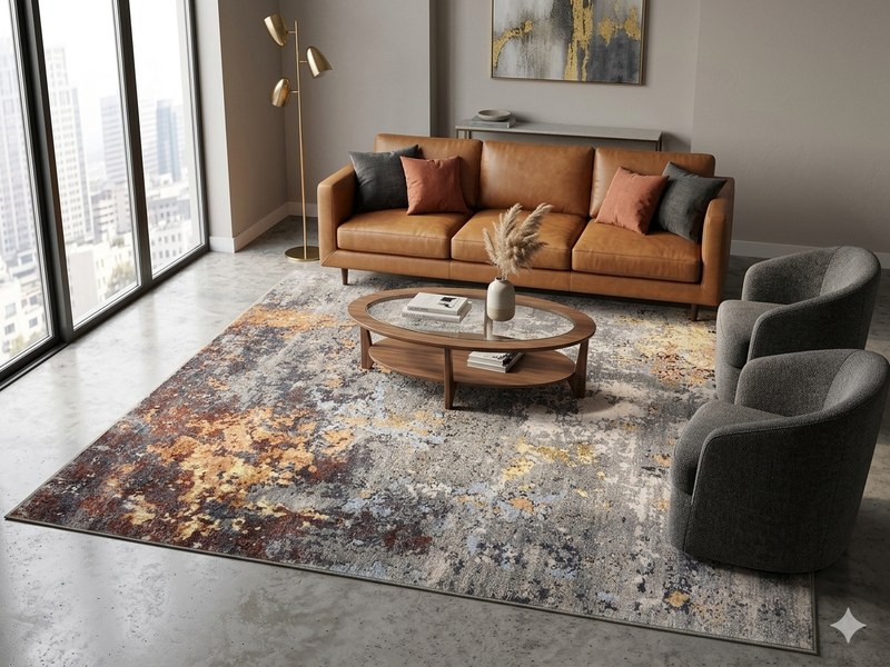8' x 8' Square Gray Gold Abstract Modern Washable Area Rug styled in a contemporary living room with a tan leather sofa, gray accent chairs, and a round wood and glass coffee table.