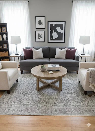 8' x 8' Square Gray & Ivory, Light Beige Medallion Traditional Area Rug styled in a living room with a dark gray sofa, cream accent chairs, and a round wooden coffee table.