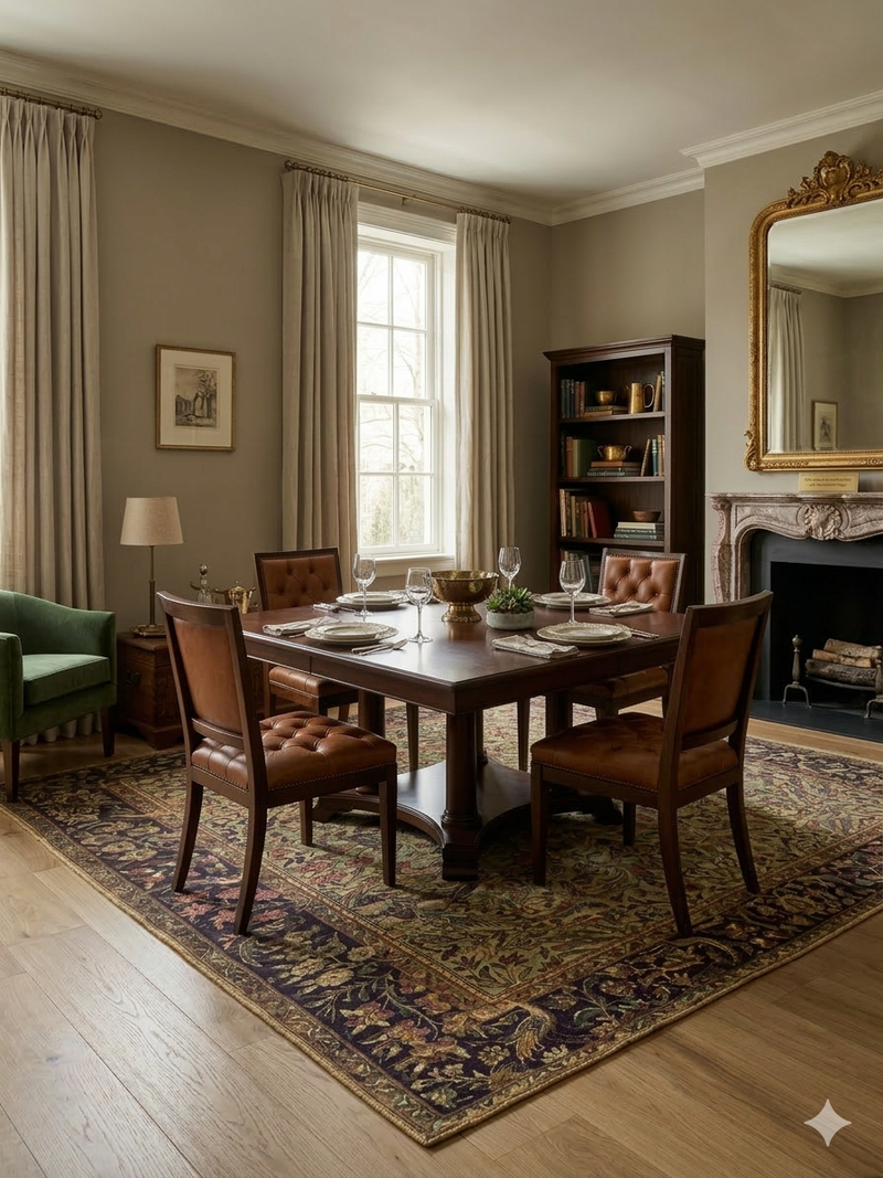 8' x 8' Square Green & Brown Floral Traditional Oriental Area Rug styled in a classic dining room.