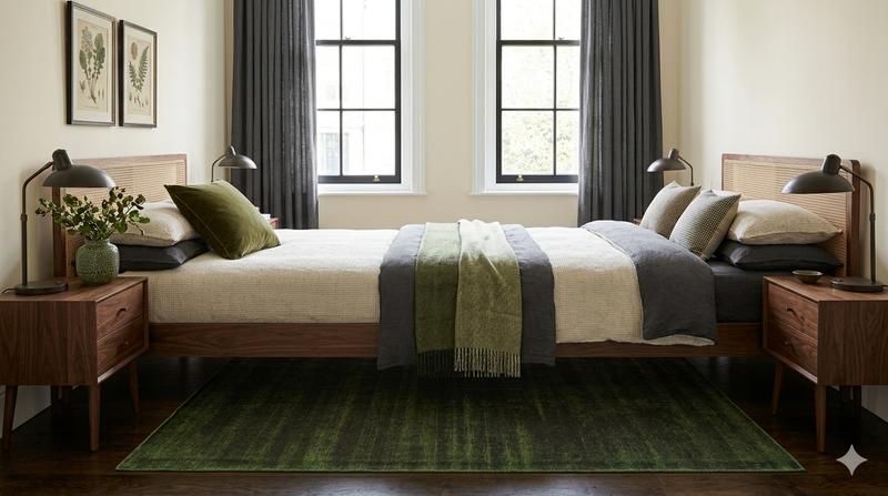 8' x 8' Square Green & Charcoal Distressed Abstract Modern Washable Area Rug styled in a bedroom with a wooden bed frame and layered bedding.