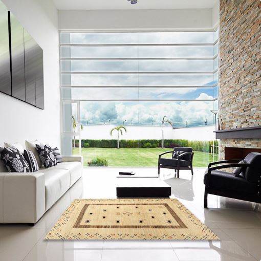 8' x 8' Square Indoor Contemporary Metallic Gold Solid Area Rug displayed in a modern living room, highlighting the warm gold tones and minimalist geometric accents.