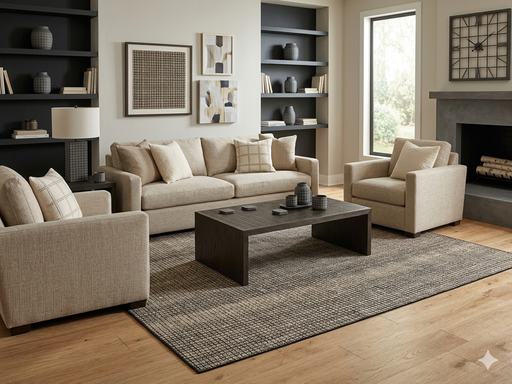 8' x 8' Square Ivory Charcoal Grid Modern Washable Area Rug styled in a contemporary living room with neutral furniture, dark shelving, and light wood floors.