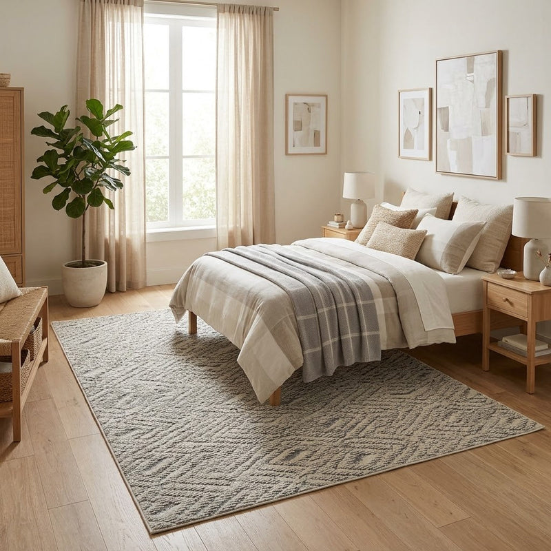 8' x 8' Square Ivory & Gray Tribal Geometric Modern Washable Area Rug placed in a cozy bedroom beneath a wooden bed with neutral bedding.
