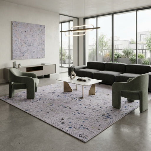 8' x 8' Square Ivory & Light Blue Abstract Linear Modern Washable Area Rug styled in a living room with a charcoal sofa and sage green accent chairs.
