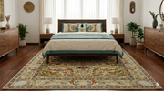 8' x 8' Square Ivory & Multicolor Floral Medallion Traditional Area Rug placed beneath a bed in a sophisticated bedroom.