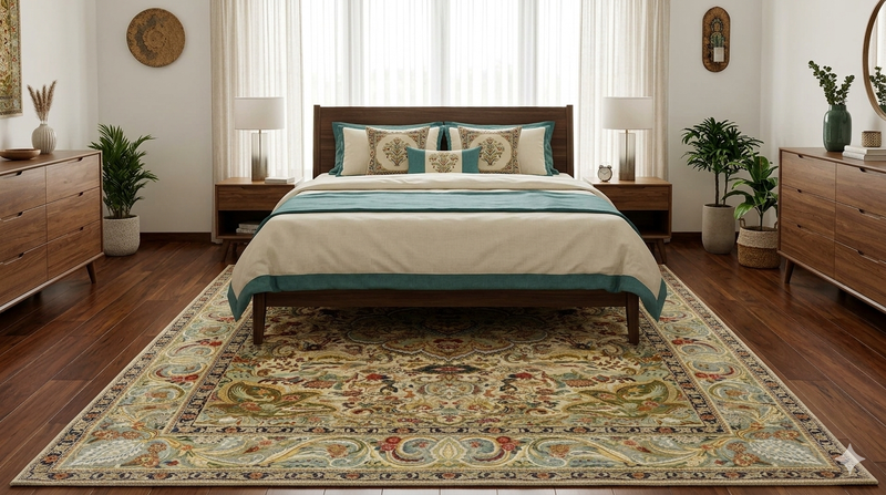 8' x 8' Square Ivory & Multicolor Floral Medallion Traditional Area Rug placed beneath a bed in a sophisticated bedroom.