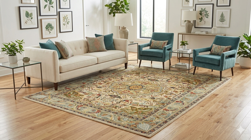 8' x 8' Square Ivory & Multicolor Floral Medallion Traditional Area Rug styled in an elegant living room.