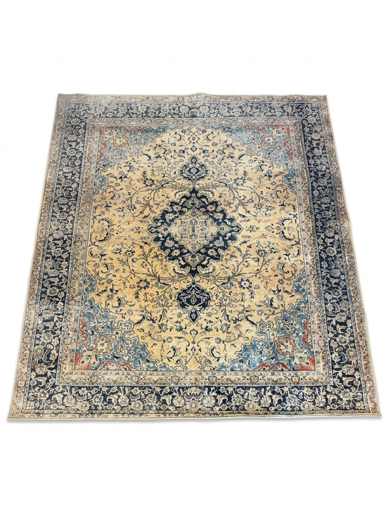 8' x 8' Square Ivory & Navy Blue Floral Medallion Traditional Area Rug isolated on a white background.