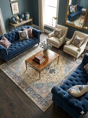 8' x 8' Square Ivory & Navy Blue Floral Medallion Traditional Area Rug placed in an elegant living room with tufted blue sofas and classic decor.