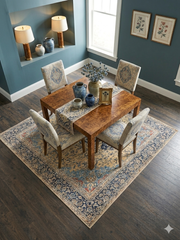 8' x 8' Square Ivory & Navy Blue Floral Medallion Traditional Area Rug showcased beneath a wooden dining table with coordinating upholstered chairs.