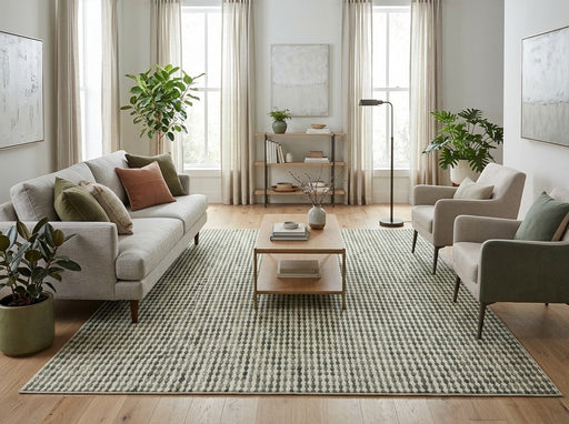 8' x 8' Square Ivory & Sage Green Repeating Geometric Modern Washable Area Rug styled in a living room with a cream sofa, upholstered armchairs, and wooden coffee table.