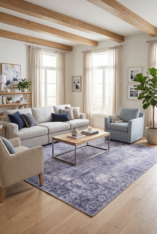 8' x 8' Square Lavender & Gray Distressed Medallion Vintage Area Rug styled in a bright living room with a cream sofa, light blue armchairs, and wooden coffee table.
