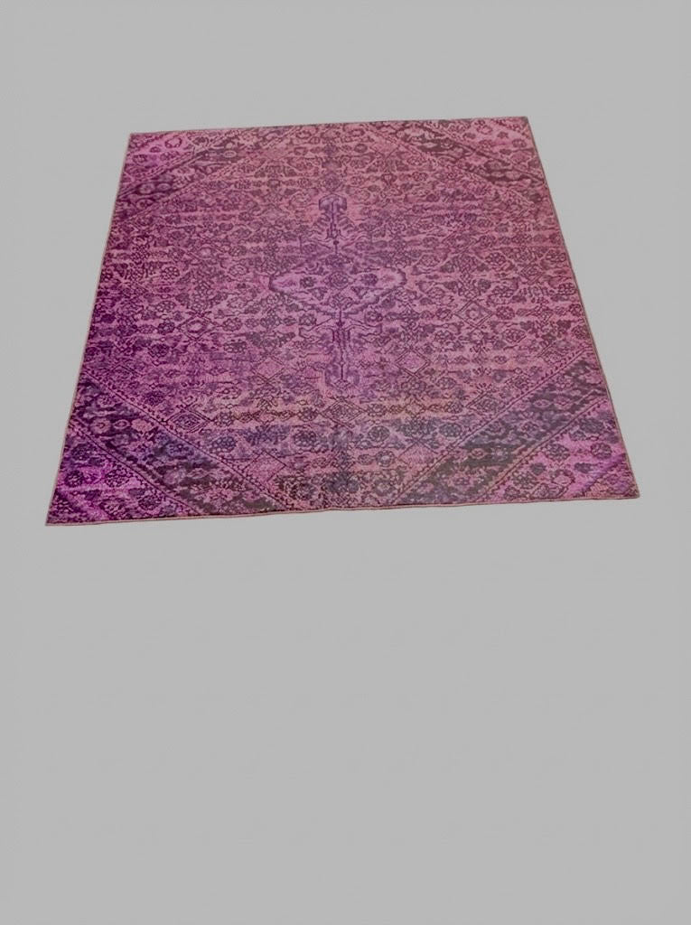8' x 8' Square Mauve Pink Plum Washable Vintage Medallion Area Rug displayed on a plain background, showcasing its distressed floral medallion design, intricate vintage motifs, and rich pink and plum tones.