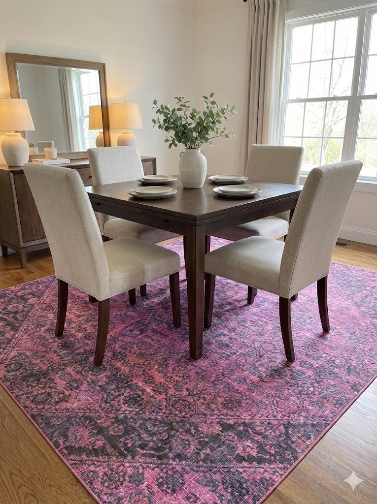 8' x 8' Square Mauve Pink Plum Washable Vintage Medallion Area Rug placed in a bright dining room with a dark wooden dining table, cream upholstered chairs, and a wooden sideboard.