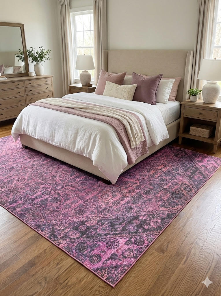8' x 8' Square Mauve Pink Plum Washable Vintage Medallion Area Rug styled in a cozy bedroom with a cream upholstered bed, mauve pillows, white bedding, and wooden nightstands.