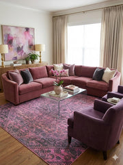 8' x 8' Square Mauve Pink Plum Washable Vintage Medallion Area Rug styled in an elegant living room with a mauve sectional sofa, purple accent chairs, and a glass coffee table.