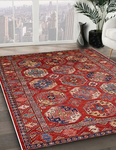 8' x 8' Square Mid-Century Modern Red Multi Color Oriental Area Rug angled close-up perspective revealing the detailed pattern work and rich color variations.
