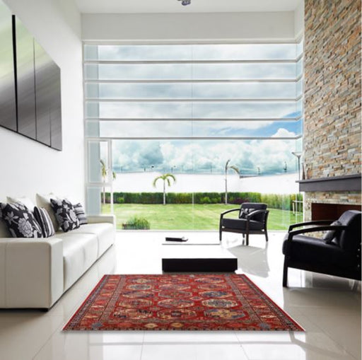 8' x 8' Square Mid-Century Modern Red Multi Color Oriental Area Rug displayed in a bright contemporary living room, highlighting the vibrant red base and traditional geometric medallion motifs.