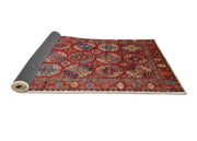 8' x 8' Square Mid-Century Modern Red Multi Color Oriental Area Rug angled close-up perspective revealing the detailed pattern work and rich color variations.