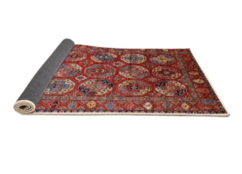 8' x 8' Square Mid-Century Modern Red Multi Color Oriental Area Rug angled close-up perspective revealing the detailed pattern work and rich color variations.