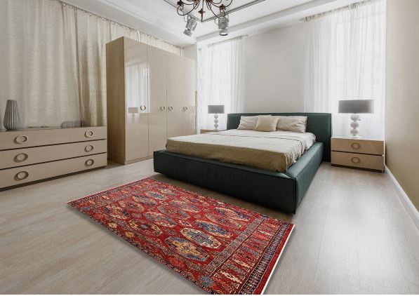 8' x 8' Square Mid-Century Modern Red Multi Color Oriental Area Rug styled in a modern bedroom setting, emphasizing the decorative border and classic oriental-inspired design.