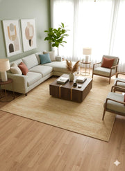 8' x 8' Square Natural Wheat & Warm Beige Solid Textured Washable Area Rug placed in living room under coffee table seating area.