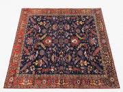 8' x 8' Square Navy Blue & Rust Red Floral Oriental Traditional Washable Area Rug featuring intricate floral motifs, gold accents, and a decorative rust red border.