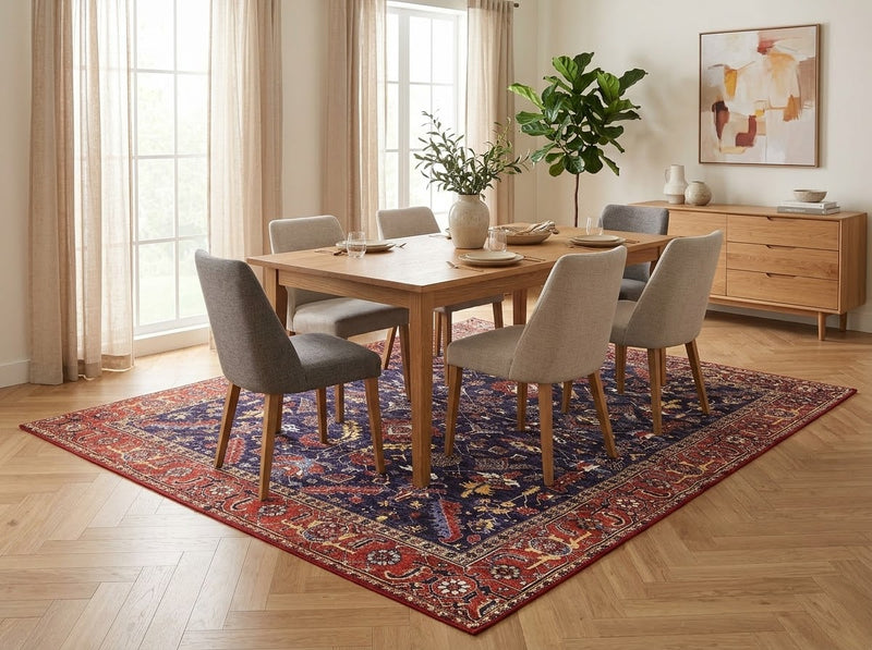 8' x 8' Square Navy Blue & Rust Red Floral Oriental Traditional Washable Area Rug styled in a dining room beneath a wooden dining table and upholstered chairs.