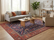 8' x 8' Square Navy Blue & Rust Red Floral Oriental Traditional Washable Area Rug styled in a living room with a gray sofa, cream armchair, and wooden coffee table.