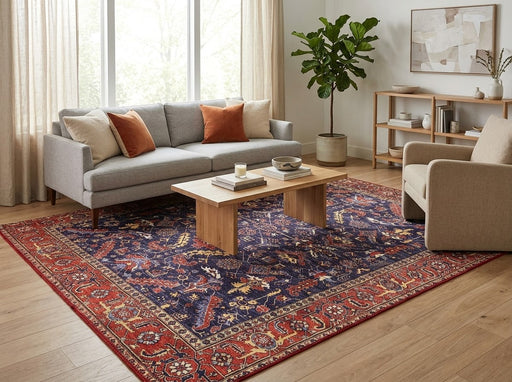 8' x 8' Square Navy Blue & Rust Red Floral Oriental Traditional Washable Area Rug styled in a living room with a gray sofa, cream armchair, and wooden coffee table.