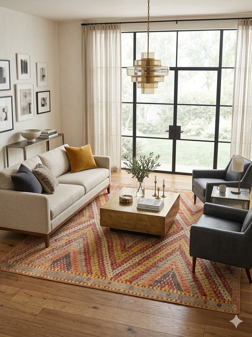 8' x 8' Square Peach & Yellow Geometric Tribal Southwestern Area Rug styled in a contemporary living room.