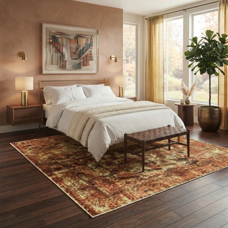 8' x 8' Square Rust & Gold Distressed Floral Medallion Vintage Washable Area Rug placed in a bedroom beneath a bed with white bedding and a wooden bench.