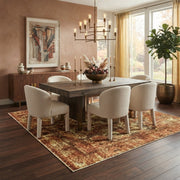 8' x 8' Square Rust & Gold Distressed Floral Medallion Vintage Washable Area Rug styled in a dining room beneath a dark wooden table and cream upholstered chairs.