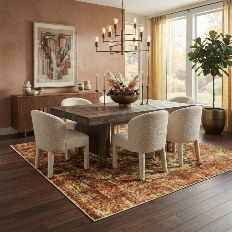 8' x 8' Square Rust & Gold Distressed Floral Medallion Vintage Washable Area Rug styled in a dining room beneath a dark wooden table and cream upholstered chairs.