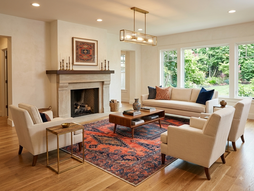 8' x 8' Square Rust Orange & Navy Blue Distressed Medallion Traditional Area Rug styled in a living room with a cream sofa, upholstered armchairs, and wooden coffee table.