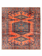 8' x 8' Square Rust Orange & Navy Blue Tribal Geometric Traditional Area Rug featuring a teal central medallion, intricate tribal motifs, and decorative geometric borders.
