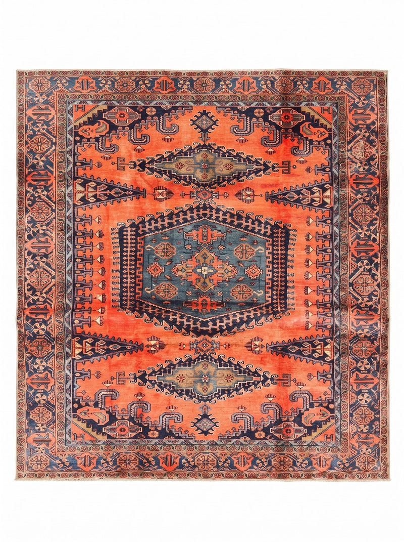 8' x 8' Square Rust Orange & Navy Blue Tribal Geometric Traditional Area Rug featuring a teal central medallion, intricate tribal motifs, and decorative geometric borders.