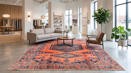 8' x 8' Square Rust Orange & Navy Blue Tribal Geometric Traditional Area Rug styled in a living room showroom with a beige sofa, brown leather chair, and round coffee table.